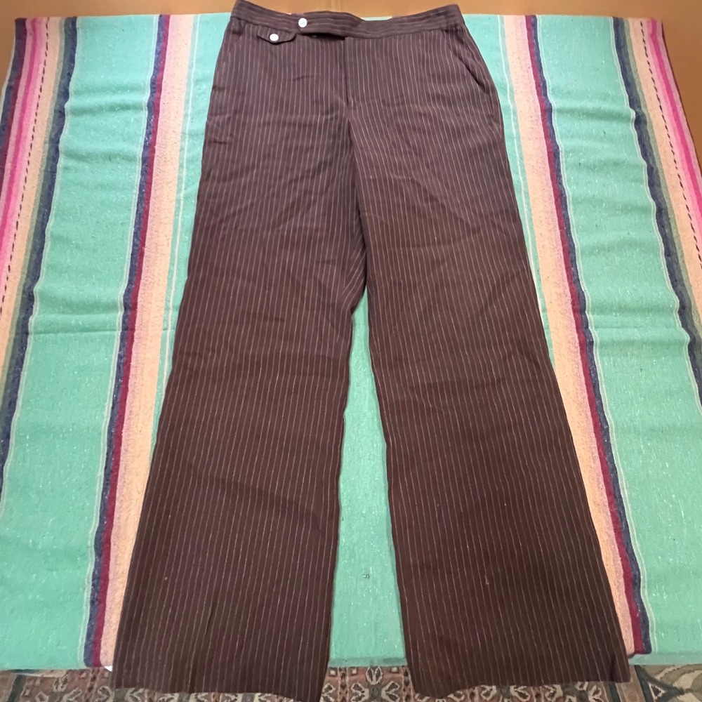 Chaps Pinstripe Trousers Womens 12 Brown Wide Leg Linen Blend Career Pants